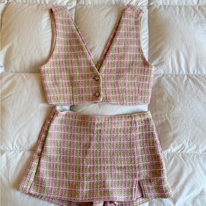 ZARA Pink Green Tweed Vest & Skort Set Size S NWT
